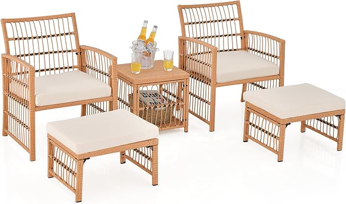 Tangkula 5 Piece Patio Wicker Sofa Set, Outdoor Rattan Conversation Set with Seat Cushions, 2-Tier Coffee Table & 2 Ottomans, Wicker Sofa Set for Backyard, Poolside (Natural)