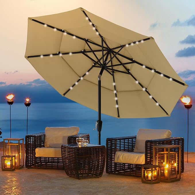 ABCCANOPY 3-Tiers 9FT Solar Patio Umbrella, Outdoor Umbrella with 32 LED Lights for for Pool, Garden, Backyard (Soft Khaki)