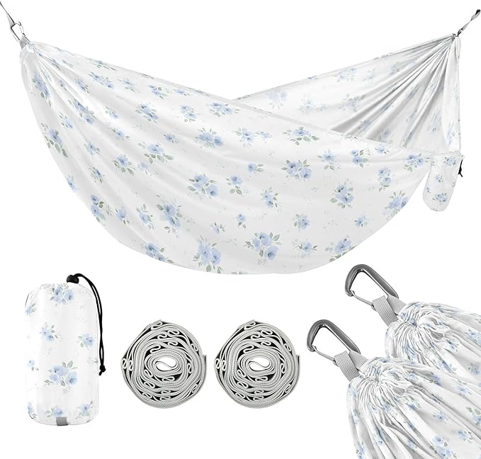 Camping Hammock Outdoor Hammocks for Outside Blue Small Floral Beach Trees Portable Lightweight with Pockets Tree Straps Indoor