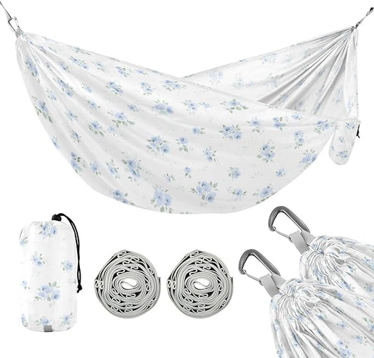 Camping Hammock Outdoor Hammocks for Outside Blue Small Floral Beach Trees Portable Lightweight with Pockets Tree Straps Indoor