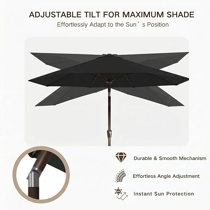 Kingdura 10FT Outdoor Patio Umbrella, Market Table Umbrella with Push Button Tilt and Crank, 8 Sturdy Fiberglass Ribs, UV Protection for Pool, Lawn, Deck, Backyard, Garden (Black)