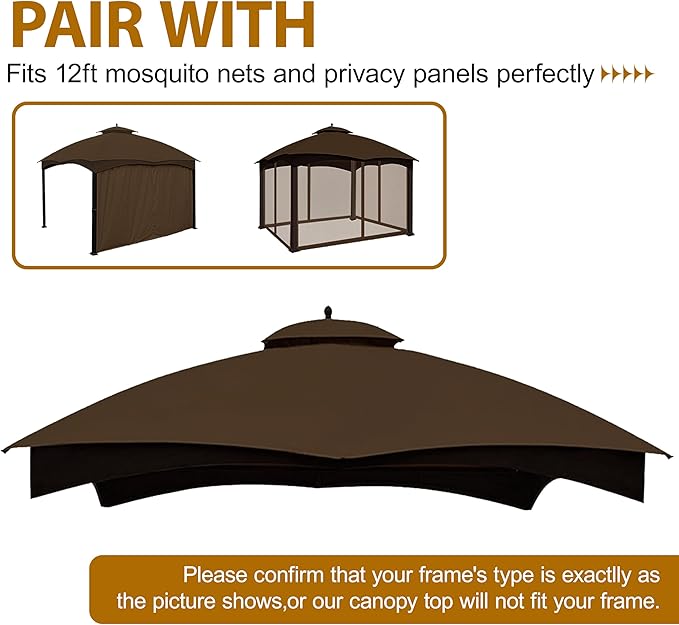 Coastshade Replacement Gazebo Canopy Top for Lowe's Allen Roth Heavy Duty Roof Gazebos Top with Mesh,10x12 Gazebo Cover #GF-12S004B-1, Replacement Top Only (Dark Brown)