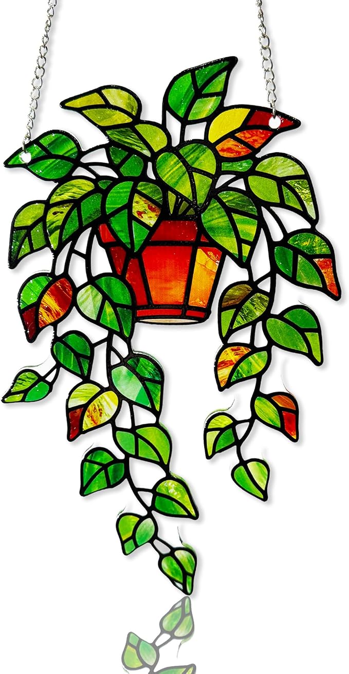 Plant Suncatcher Glass, Stained Glass Suncatcher Plant Window Hanging, Unique Nature Lover Gifts Leaf Ideas