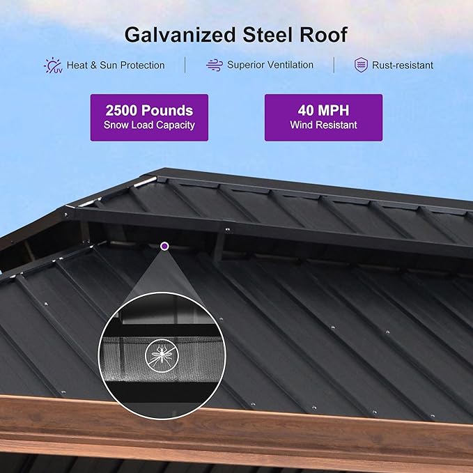 PURPLE LEAF 12' X 24' Outdoor Hardtop Gazebo for Patio Galvanized Steel Double Roof Permanent Canopy Teak Finish Coated Aluminum Frame Pavilion Gazebo with Netting and Black Curtains