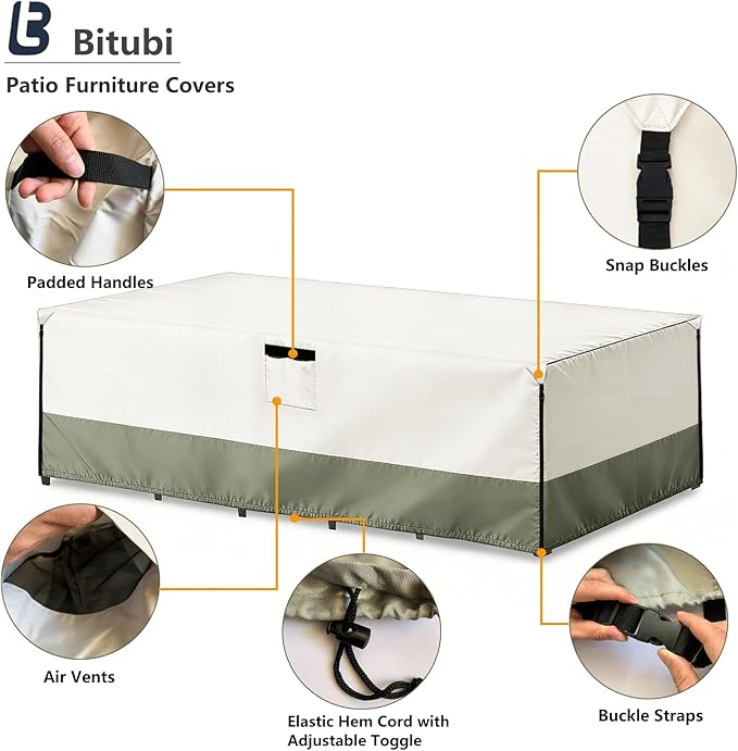 Bitubi Rectangular Patio Table Cover - Heavy Duty 600D Tough Canvas Waterproof Outdoor Dining Table and Chairs Universal Furniture Cover Size 111L x 74W x 28H inch, Beige