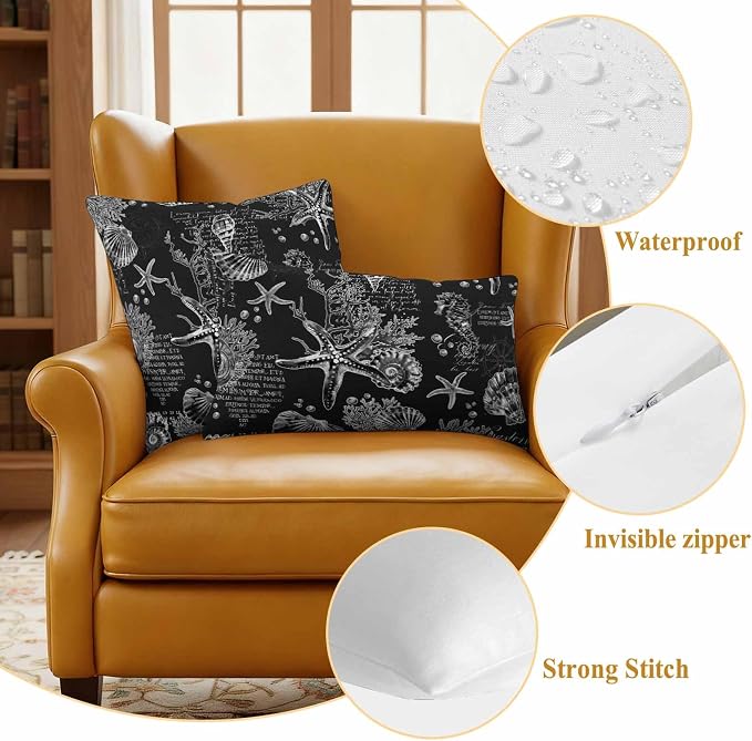 Black Coastal Waterproof Outdoor Pillow Covers Set of 2 Home Decor, Nautical Ocean Starfish Seashells Coral Pillowcase Patio Pillow Covers for Couch Bench Furniture Garden 16x16in