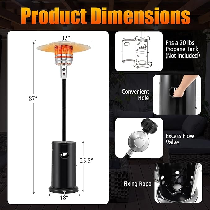 Giantex 50,000 BTU Propane Outdoor Heater, Patio Heater w/Round Table Design, Stainless Steel Burner, Tip-Over & Flame-Out Protection, Propane Heaters w/Wheels for Backyard, Garden, Commercial, Black