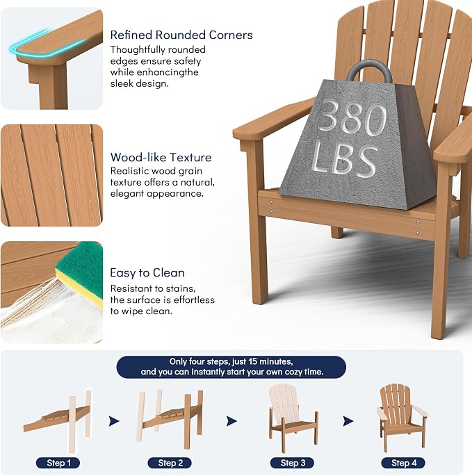 nevilywood Compact Stackable Adirondack Chairs Set of 2,HDPE,380lbs,Teak | 26.3" Wide HDPE.All-Weather Outdoor.Maintenance-Free.Stackable for Storage.25°Curved Straight Backrest.Quick Assembly
