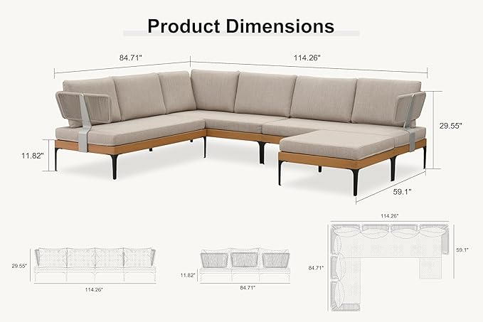 PURPLE LEAF Patio Furniture Set Outdoor Sectional Sofa with Cushions and Pillows Wicker L-Shaped 7 Pieces Aluminum Conversation Sets with Ottoman for Balcony Yard Garden Poolside, Oatmeal Greige
