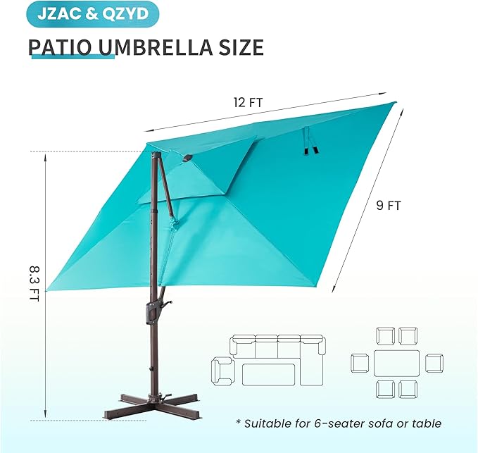 JZAC & QZYD 9x12 FT Outdoor Cantilever Patio Umbrella with LED Lights, Large Heavy Duty 2-Tier Aluminum Offset Umbrellas with 360-Degree Rotation for Pool Deck, Turquoise