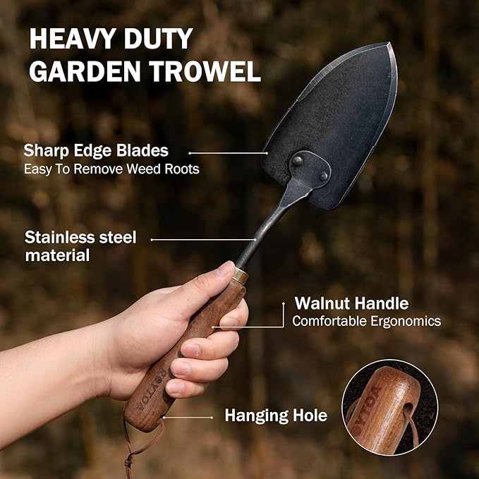 ROYTOA Garden Hand Trowel, Heavy Duty Stainless Steel Garden Shovel with Walnut Handle, Small Gardening Tools for Planting, Digging and Wedding