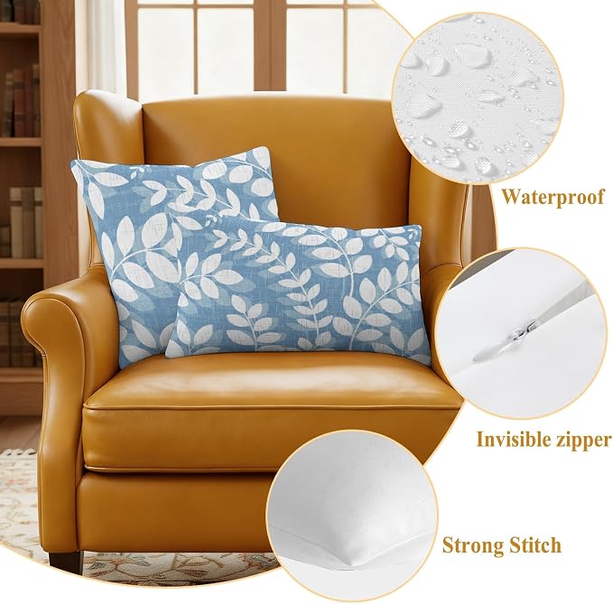 Sky Blue Leaves Outdoor Waterproof Throw Pillow Covers 24x24 Set of 2, Farmhouse Botanical Branch Vintage Boho Leaf Decorative Pillowcases Cushion Pillowcase for Couch Sofa Patio Pillow Protector