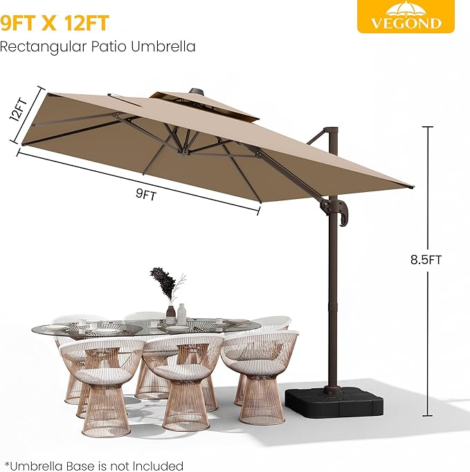 9x12 FT Patio Cantilever Umbrella (Base Not Included) (Base Not Included), Rectangular Heavy Duty Offset Umbrella for 6-8 People, 360°Rotation & Mult Tilt, Double Top Design, for Pool Garden Deck (Tan)