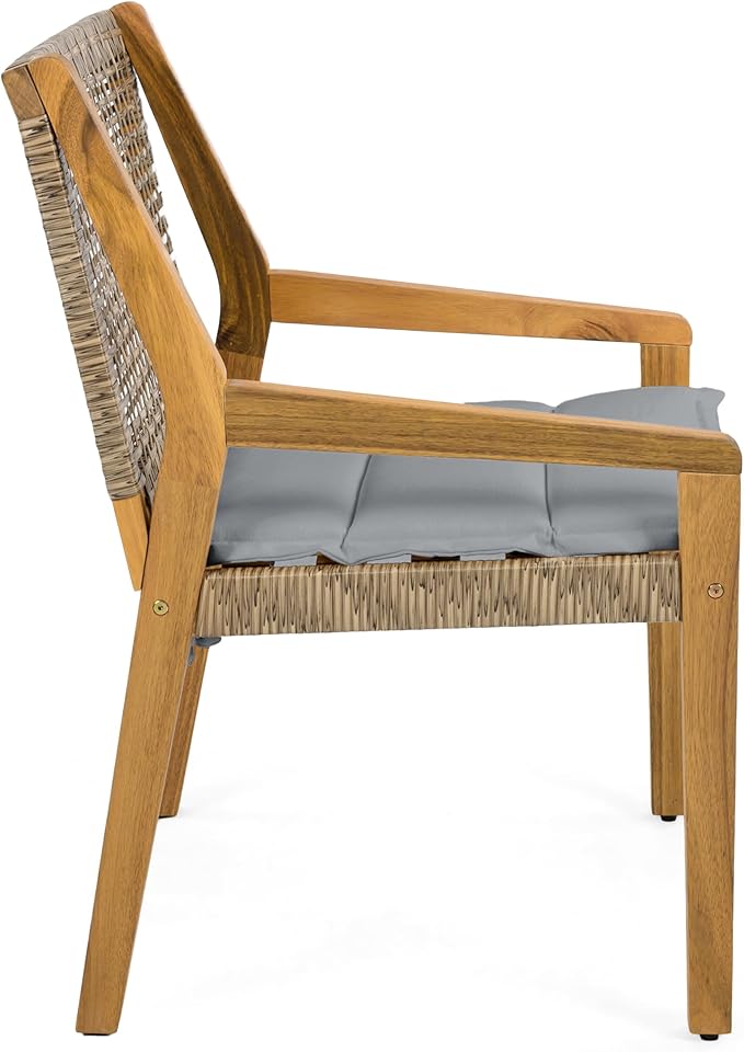 Christopher Knight Home Pelham Wooden Patio Dining Set for 4, Acacia Wood Outdoor Dining Table Set for 4, 5 Piece Outdoor Dining Set with Round Table and Armchair with Seat Cushion, Teak+Grey