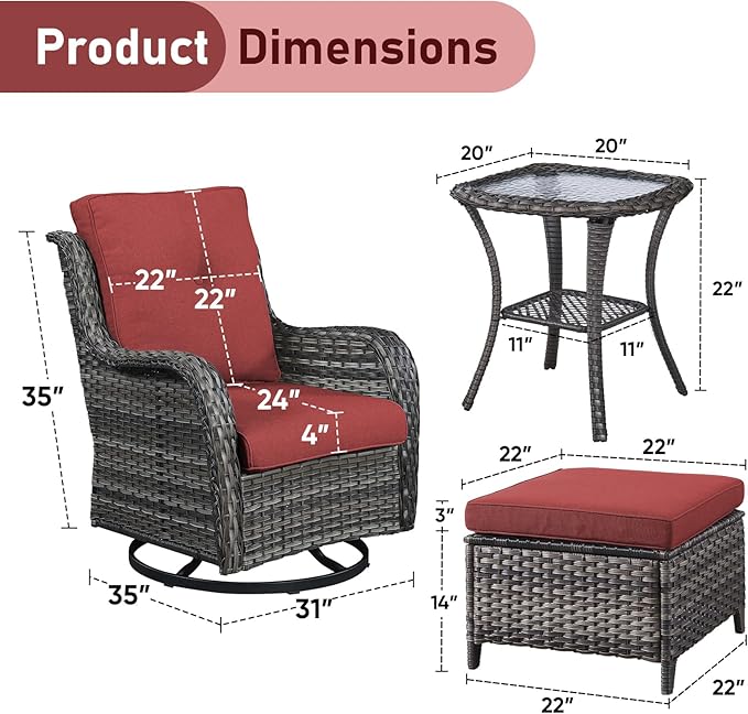 Outdoor Patio Furniture Set-5 Piece Outdoor Swivel Rocker Chairs with Ottomans Patio Furniture Set for Deck Balcony Poolside Backyard-Grey/Red