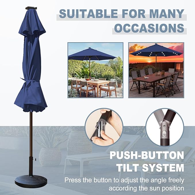 EliteShade USA 10-Year-Non-Fading 10ft Market Patio Umbrella, Commercial Grade Table Sun Umbrella with 80 Solar LED Lights, Crank Open, Windproof & UPF 50+ UV Protection for Garden, Deck, Pool, Backyard, Navy Blue