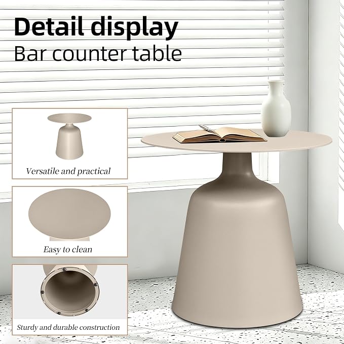 Outdoor Round Side Table, Mid Century Modern Style, Weather Resistant Rust Resistant Aluminum Base, Ideal for Garden, Pool, Patio, Balcony, Living Room, 19.5" x 18.3",Champagne