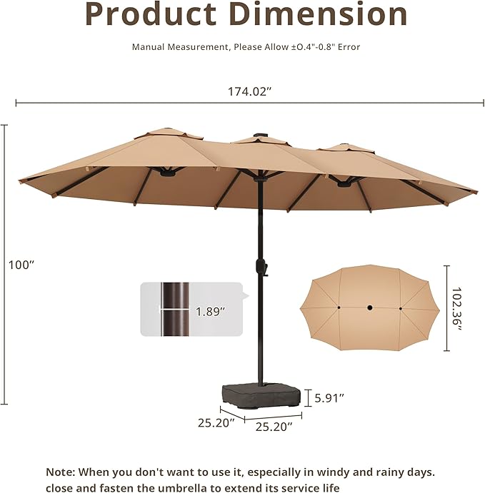 15Ft Patio Umbrella - Large Beach Umbrella W 12 Sturdy Ribs,UPF50 Outdoor Table Umbrella,Picnic Market Umbrella W Base Crank Handle for Pool,Yard,Garden