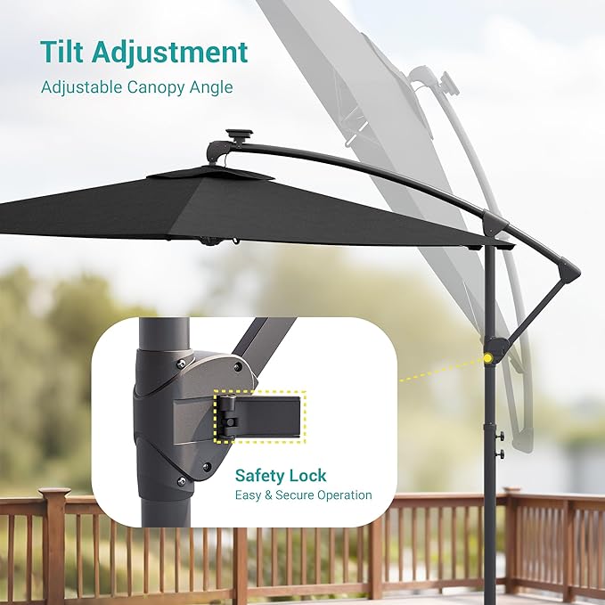 10ft Offset Patio Umbrella with Solar Light Strips,Outdoor Cantilever Hanging Umbrella with Cross Base, Fade Resistant Recycled Fabric, for Pool, Deck, Garden,Backyard,