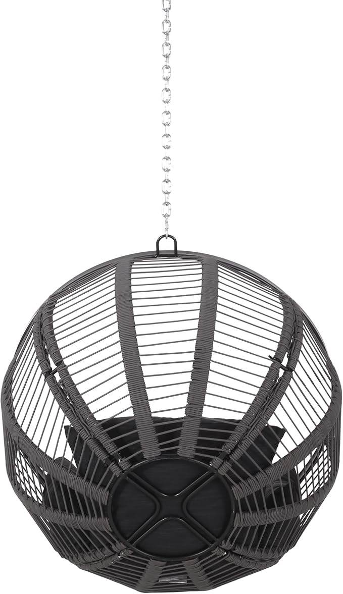 Christopher Knight Home Solis Patio Hanging Chair with 8ft Chain, Round Basket Shape, Rope Weave Hammock, Hanging Reading Sofa, Swing Chairs with Cushion 250lbs for Garden Balcony Yard, Black