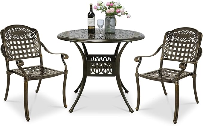 VIVIJASON 3-Piece Outdoor Patio Bistro Set, All-Weather Cast Aluminum Furniture Dining Sets Include 2 Chairs and 35.4" Round Table w/Umbrella Hole for Balcony, Lawn, Garden, Backyard, Antique Bronze