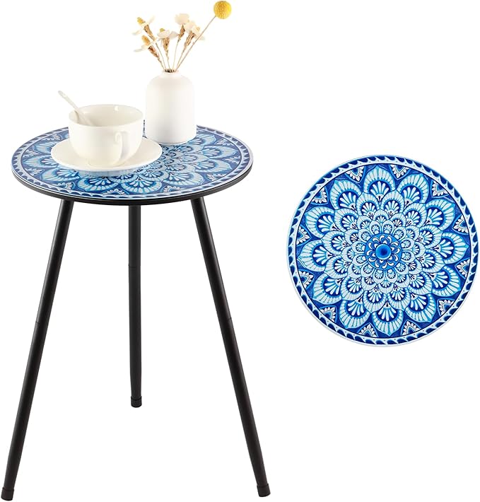 1 Pack Metal Mosaic Round Side Tables 13.4" Small Outdoor Patio Round Accent Coffee Tables Indoor Corner Stand for Small Spaces Weather-Resistant for Balcony, Porch Plant Stands Indoor, Light Blue