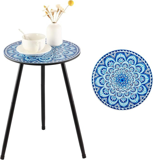 1 Pack Metal Mosaic Round Side Tables 13.4" Small Outdoor Patio Round Accent Coffee Tables Indoor Corner Stand for Small Spaces Weather-Resistant for Balcony, Porch Plant Stands Indoor, Light Blue