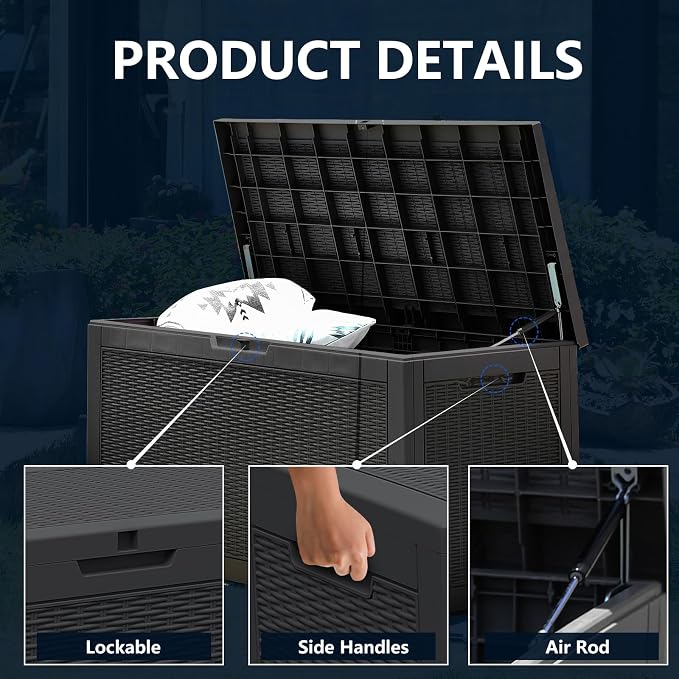 DIKEP 100 Gallon Polypropylene(PP) Deck Box Lockable Outdoor Storage Box for Patio Furniture Cushions, Garden Tools, Pool Supplies | Built-in Handles Waterproof Storage Container, Black