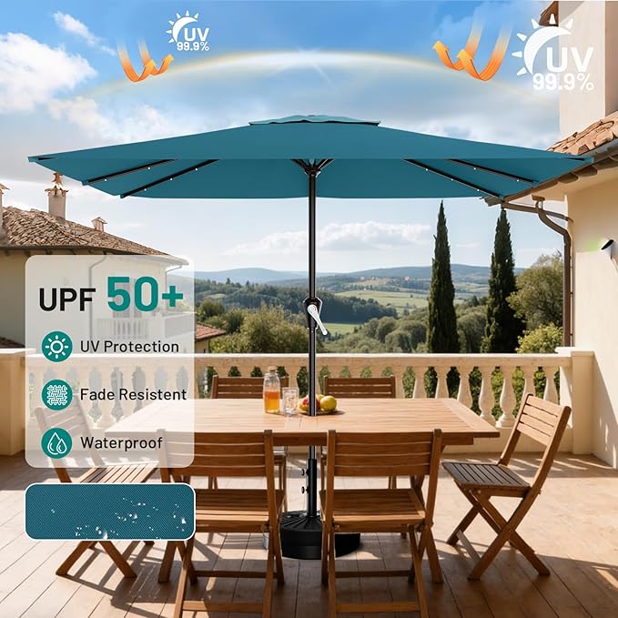 AreShark 8' X 10' Rectangular Patio Umbrella with Solar Lights, Lighted Solar Umbrella with Crank, Outdoor Table Umbrella for Garden, Deck, Backyard, Pool and Beach, Lake Blue