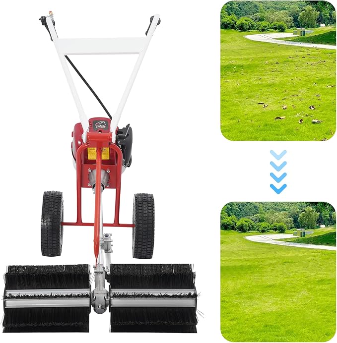 4-Stroke Lawn Sweeper, 37.7CC 1KW 2.3HP Gas Powered Hand Push Sweeper Lawn Brush Sweeper Hand Held Gas Power Broom Manual Floor Standing Sweepers w/0.17Gal Fuel Tank for Yard Farms Parks (37.7CC)