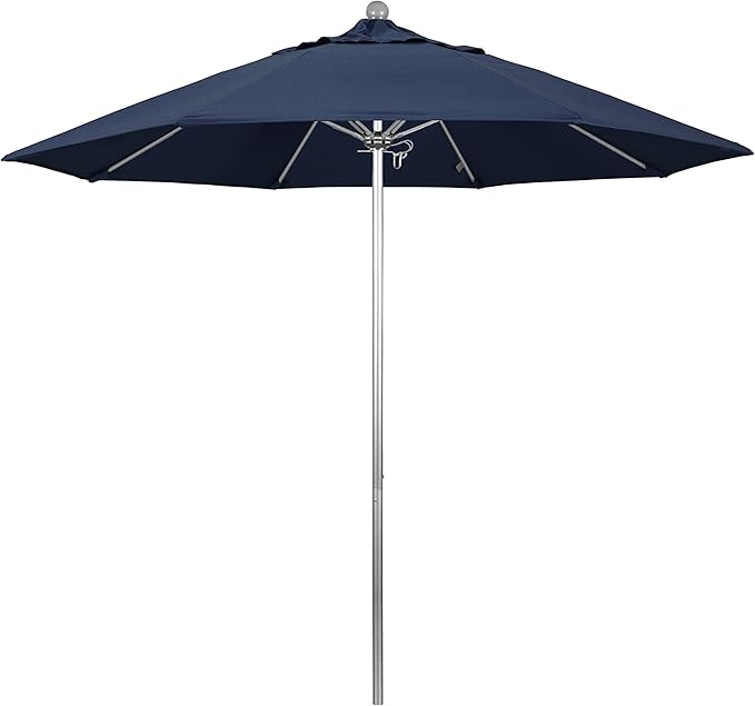 California Umbrella 9' Rd. Venture Series Contract Grade Patio Umbrella, Push Open Pin Stop, Silver Finish, Sunbrella Spectrum Indigo