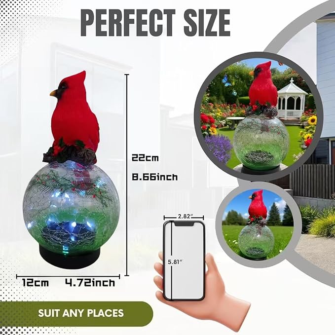 Red Bird Statue - Solar Powered Outdoor Red Bird Decor with LED Lights - Red and Green - Water Resistant - Gargen,Balcony and Courtyard Decoration Festival Gift - 8.66" H x 4.72" W x 4.72" D