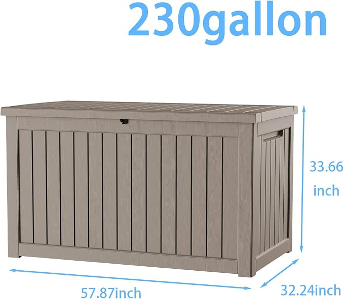 AmaVins Outdoor Storage Box, 230 Gallon Deck Box Indoor and Outdoor Use, Waterproof Resin Storage Bin for Package Delivery, Patio Cushions, Gardening Tools, Lockable, UV Resistant, Light Coffee