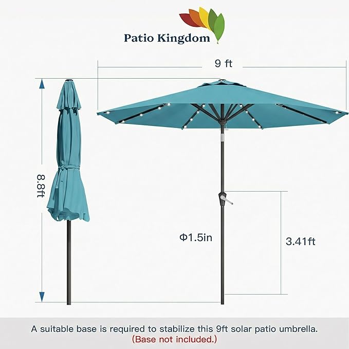 9FT Solar Umbrella 32 LED Lighted Patio Umbrella Table Market Umbrella w/Tilt and Crank, UV-Resistant Outdoor Umbrella for Pool, Garden, Deck, Sky Blue