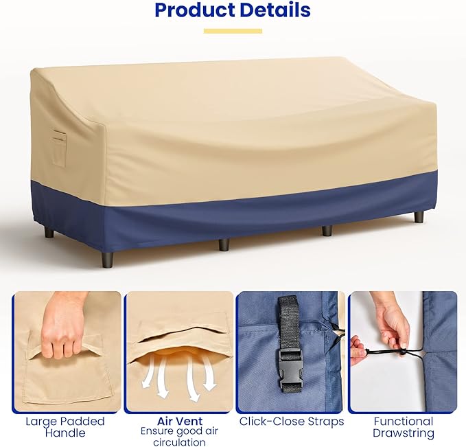 Tangkula Patio 3-Seater Waterproof Outdoor Deep Sofa Cover with Padded Handle & Click-Close Straps, Air Vent, Heavy Duty PU Couch Cover, 77" W x 43" D x 29.9" H