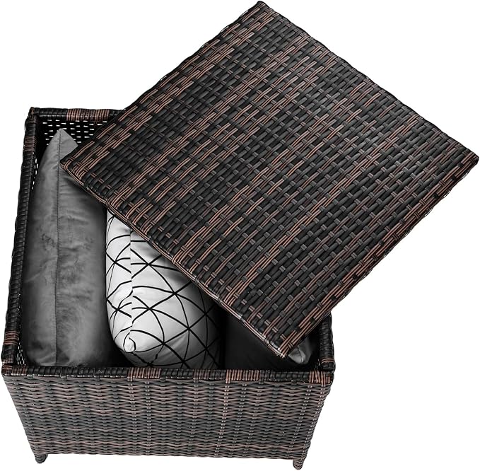 VINGLI Outdoor Wicker Side Table with Storage, Storage Box Wicker End Table Outdoor Side Tables for Patio Outdoor Coffee Table for Poolside, Garden (Rectangular)