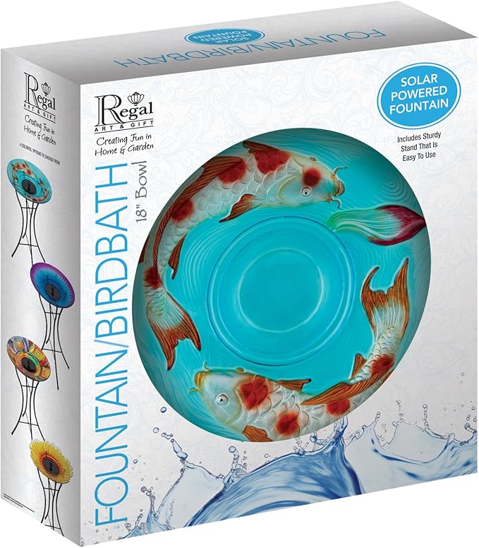 Regal Art & Gift 23" Bird Bath with Fountain - Durable Glass Bowl with Heavy-Duty Metal Stand, Easy to Fill, Ideal for Patio, Porch & Garden Décor - Koi