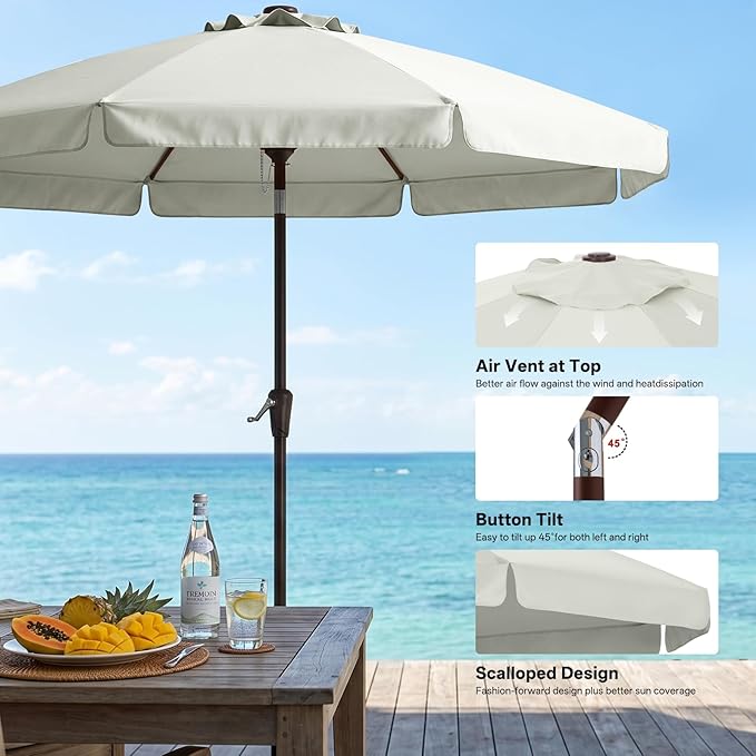 ABCCANOPY 9ft Scalloped Patio Umbrella, Outdoor Table Umbrella with Tilt and Crank, Fiberglass Ribs Deck Umbrella for Patio, Pool, Garden, Picnic (Light Beige)