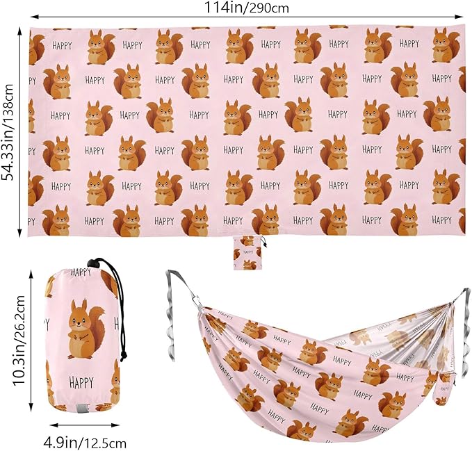 Camping Hammock Outdoor Hammocks for Outside Cute Squirrel Happy Beach Trees Portable Lightweight with Pockets Tree Straps Indoor