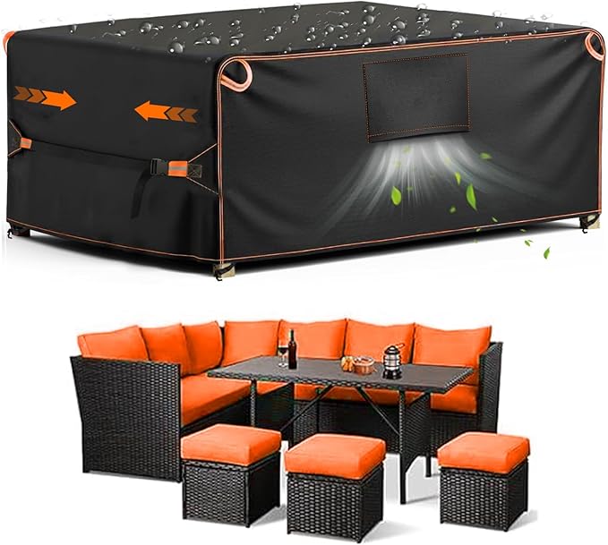 Patio Furniture Cover Outdoor, Rectangular Waterproof 600D Furniture Covers, Tear-Resistant Patio Table and Chair Set Cover with Reflective Strips 90" L×64" W×28" H