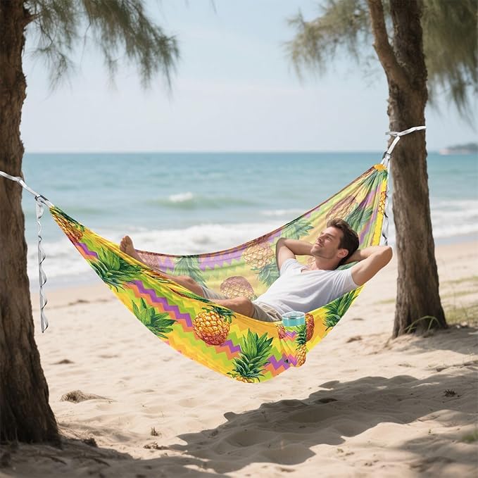 Camping Hammock Outdoor Hammocks for Outside Yellow Pineapple Stripe Beach Trees Portable Lightweight with Pockets Tree Straps Indoor Small