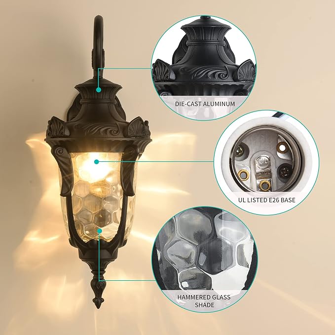 20.47" Outdoor Wall Light Fixture Black Exterior Wall Lantern | Outside Waterproof Sconce Rustic Porch Lights Wall Mount with Hammered Glass Shade for House