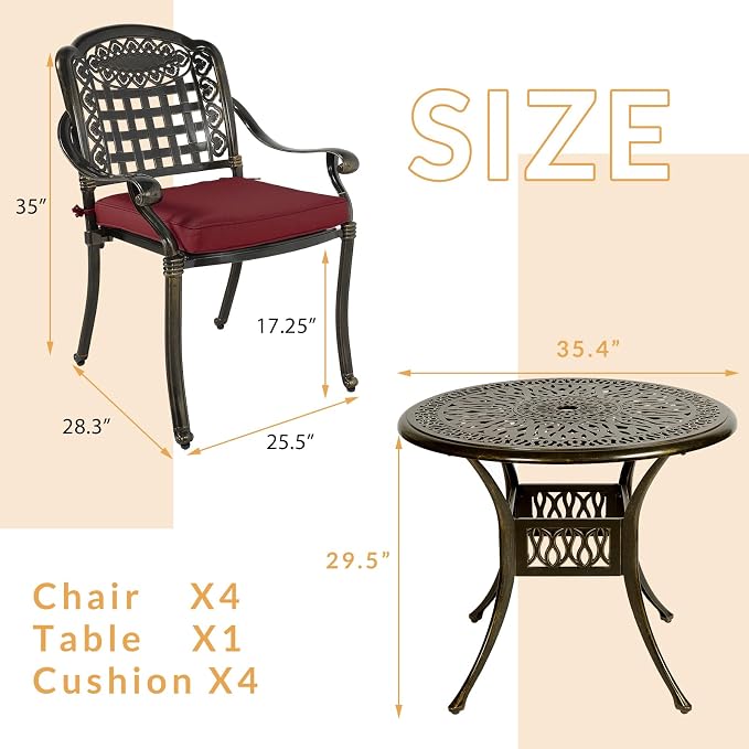 5-Piece Outdoor Patio Dining Set, All-Weather Cast Aluminum Patio Furniture Set for Backyard Garden Deck with 4 Chairs, 4 Cushions and 35.4" Round Table, 2" Umbrella Hole, Red