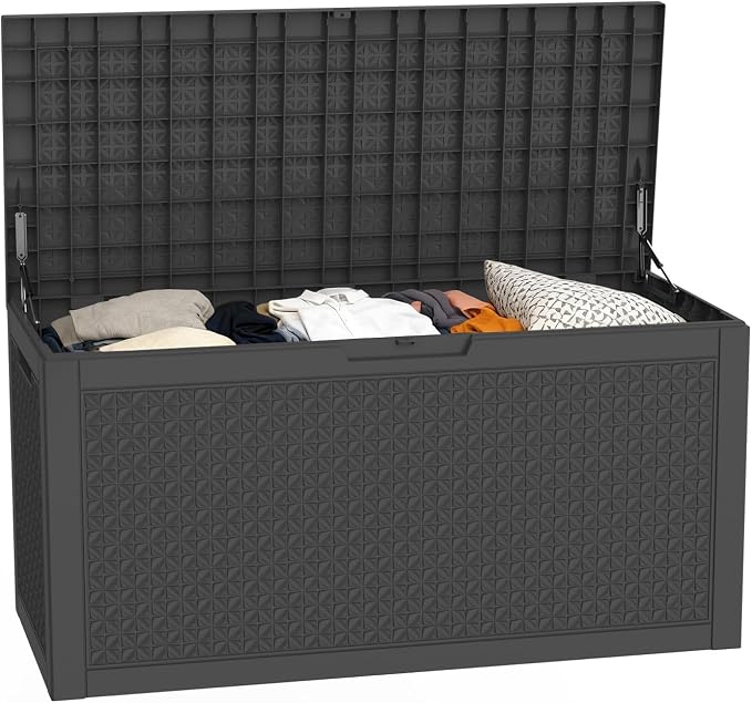 Pepe Tee Outdoor Deck Box, Lockable Waterproof Resin Storage Container with Wood-Look Design, 30 Gallon, Black (black, 101, Gallons)