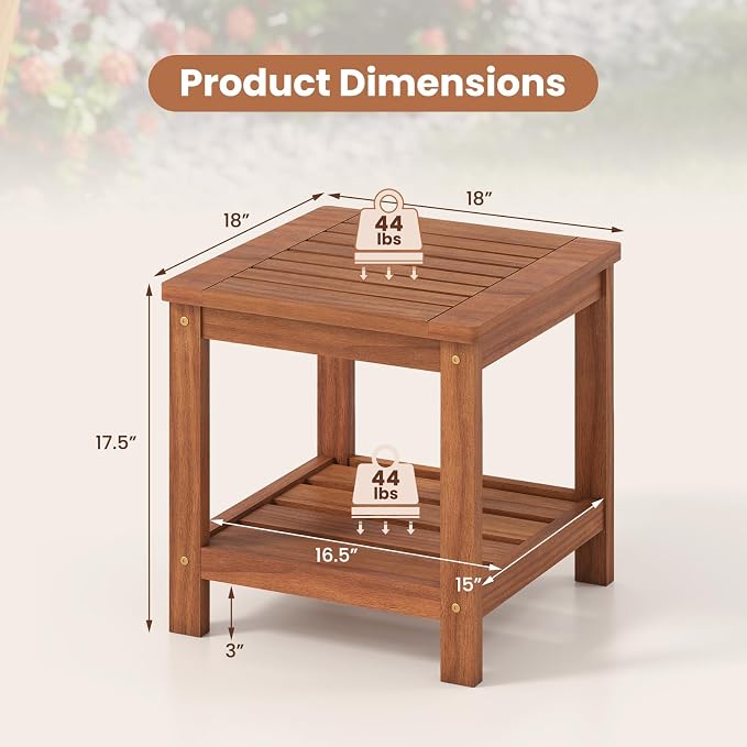 Tangkula Outdoor Side Table, 2-Tier Solid Wood Patio Table with Slatted Tabletop & Storage Shelf, Indoor Outdoor Square Small End Table for Patio, Garden, Yard, Porch, Living Room (1)
