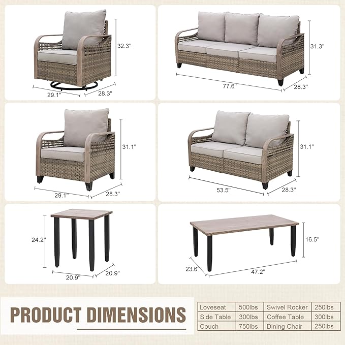 Modern Wicker Patio Furniture Set, Rattan Outdoor Conversation Set， 2 Patio Chairs, 2 Swivel Rocking Chairs, 3 Seat Couch, Loveseat, Coffee Table and Side Table, 8 Pieces, Brown/Gray