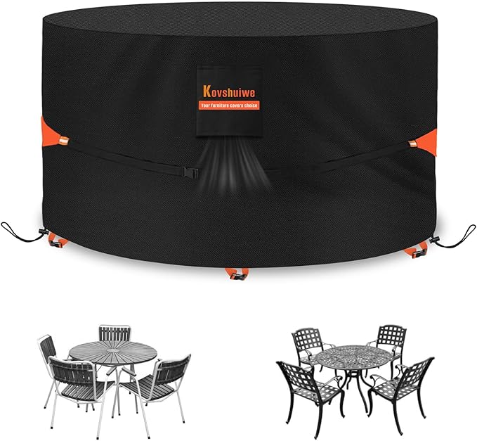 Kovshuiwe 62" Dia x 28" H Round Patio Furniture Covers Heavy Duty Waterproof 600D Oxford Fabric Outdoor Lawn Patio Table Covers