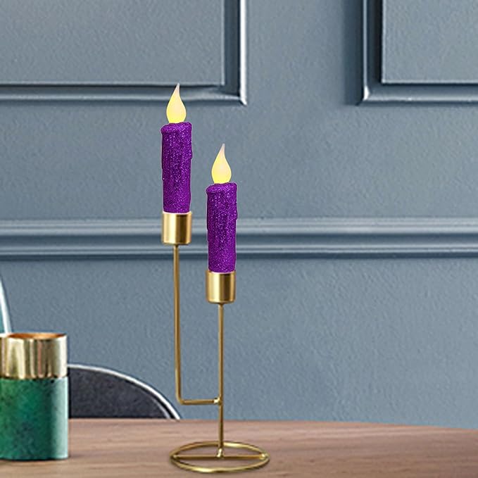 CVHOMEDECO. Glitter Flameless Candles Flickering Battery Operated LED Taper Candles with Timer for Home, Wedding, Halloween, Christmas Decor. Purple, 4-3/4 Inch, Set of 2