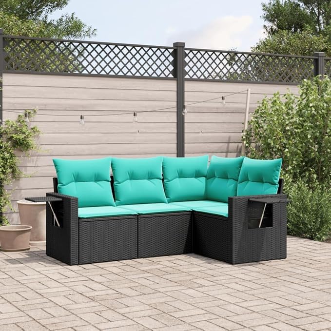 4 Piece Patio Sofa Set with Cushions, Garden Lounge Set Sectional Sofa Patio Conversation Set Front Porch Furniture for Negotiation Area Garden Poolside Exhibition Black Poly Rattan