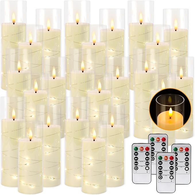 24 Pcs LED Flameless Candles with Remote, 3D Flickering Flame & LED String Lights, Acrylic Clear Cylinder, Timer Function, Romantic Ambience for Home Decor, Party, Wedding (Ivory).